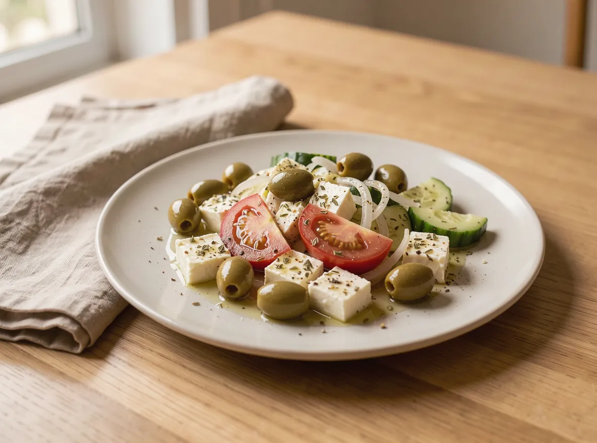 Ensalada servida en un plato blanco sobre una mesa de madera